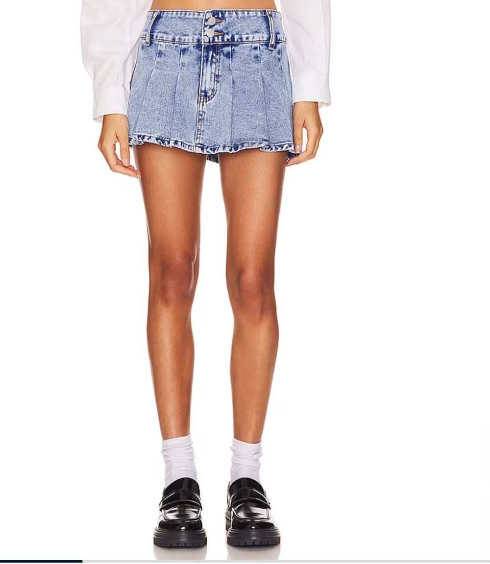 MORE TO COME Nika Pleated Mini Skirt in Light Wash